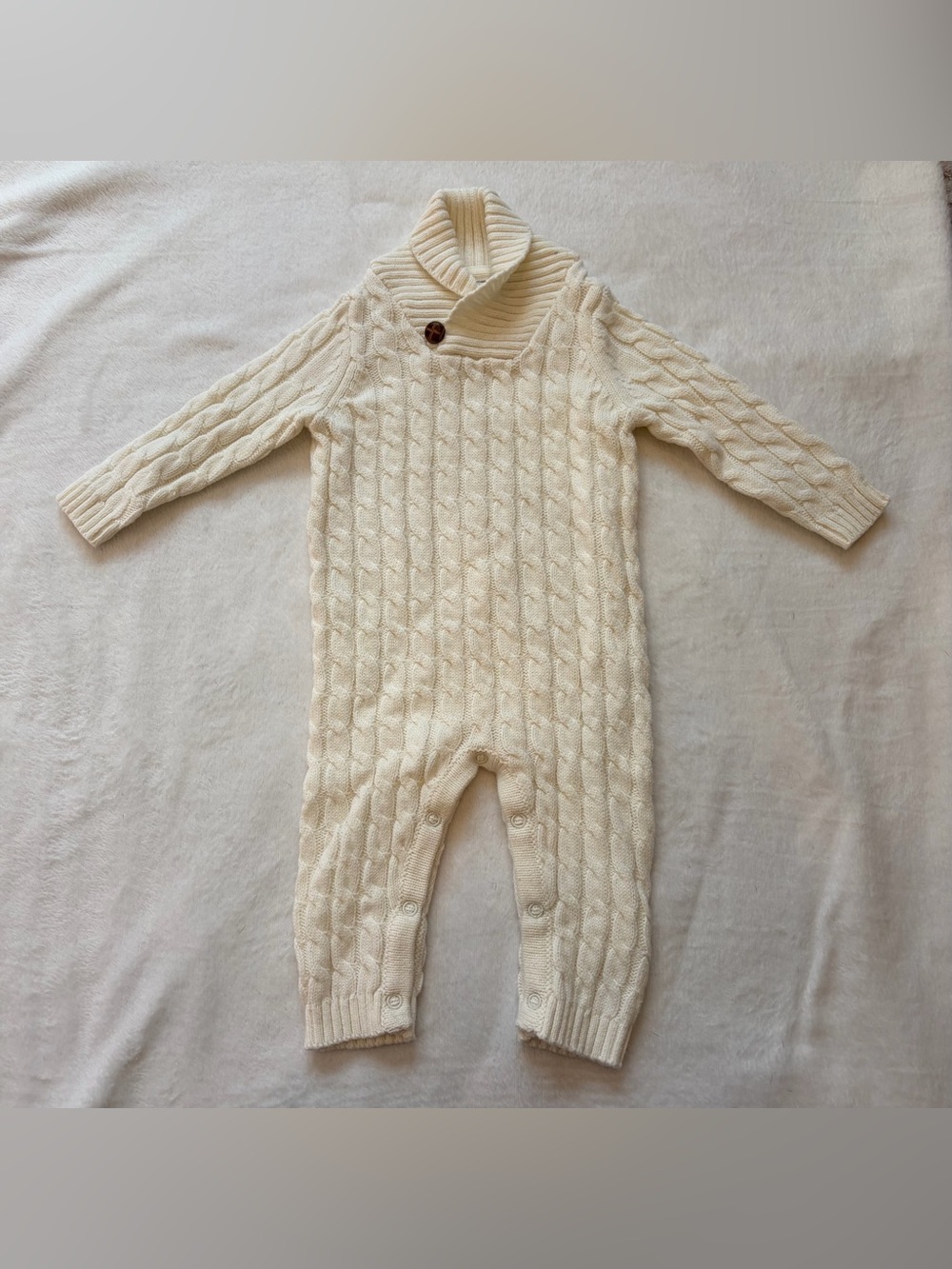 Unisex Cream Cable Knit Shawl Collar Baby One-Piece